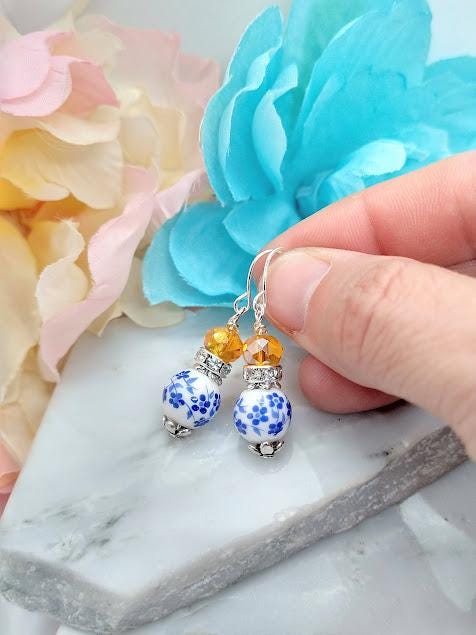 Blue Floral Dangle Earrings: Silver Plated, Orange Accent