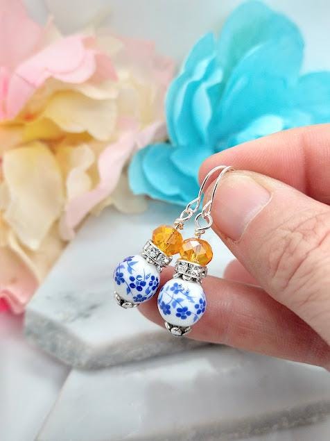 Blue Floral Dangle Earrings: Silver Plated, Orange Accent