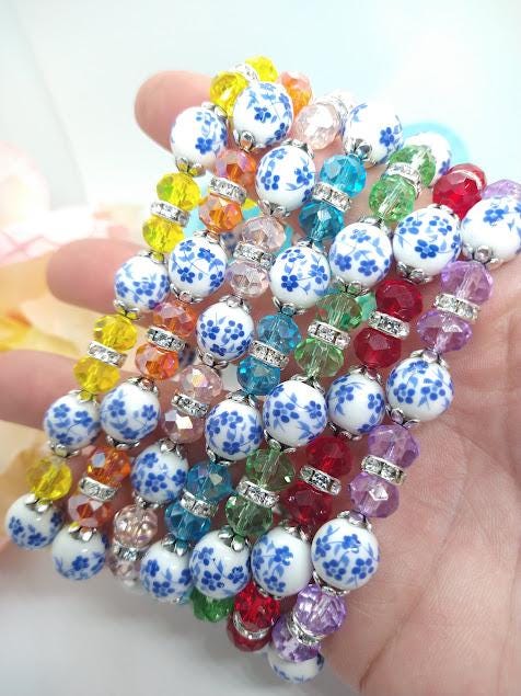 Handmade Blue Porcelain Flower Bracelet: Purple Crystal Beaded Jewelry
