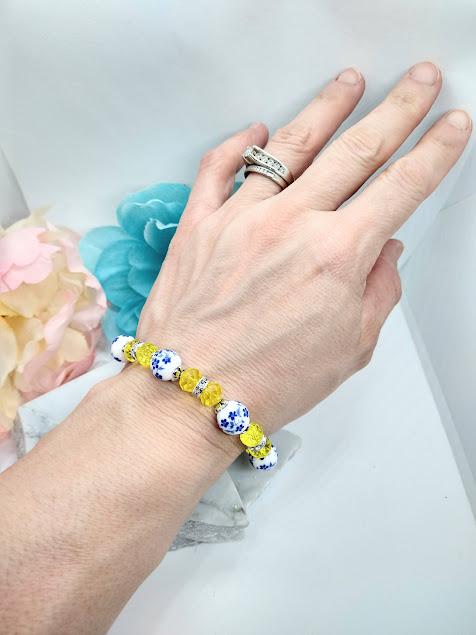Blue Porcelain Flower Bracelet: Yellow Crystal Beaded Jewelry