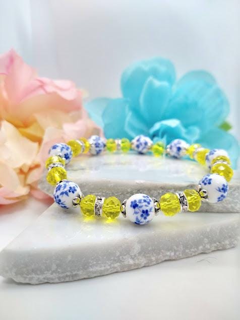 Blue Porcelain Flower Bracelet: Yellow Crystal Beaded Jewelry