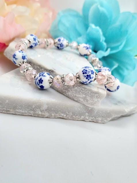 Blue Floral Beaded Stretch Bracelet: Pink Crystal Boho Jewelry