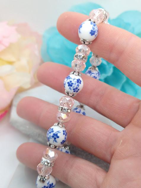 Blue Floral Beaded Stretch Bracelet: Pink Crystal Boho Jewelry
