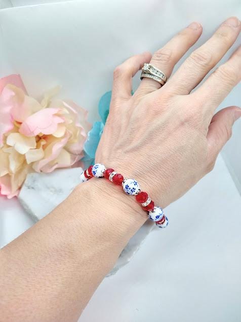 Blue Porcelain Flower Bracelet: Red Crystal Beaded Stretch Jewelry