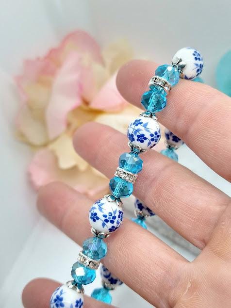 Blue Porcelain Flower Bracelet: Beaded Floral Jewelry