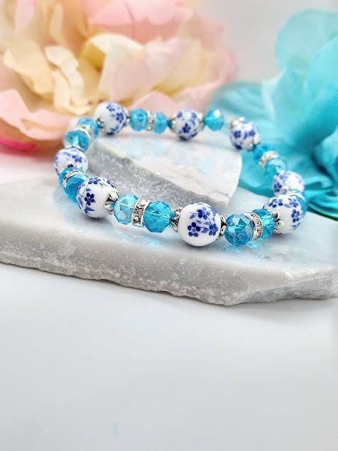 Blue Porcelain Flower Bracelet: Beaded Floral Jewelry