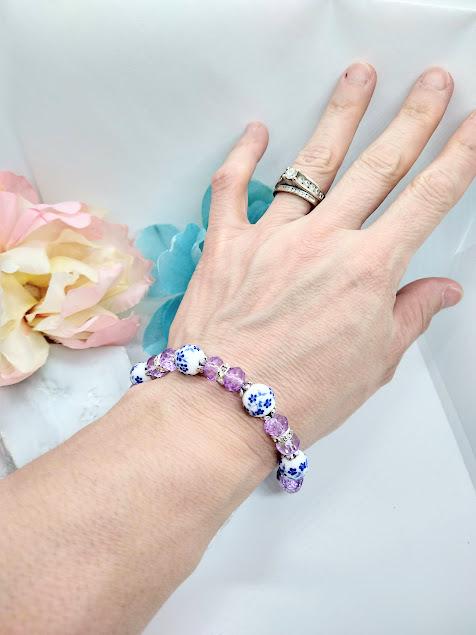 Handmade Blue Porcelain Flower Bracelet: Purple Crystal Beaded Jewelry