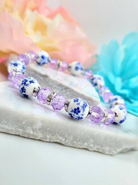 Handmade Blue Porcelain Flower Bracelet: Purple Crystal Beaded Jewelry