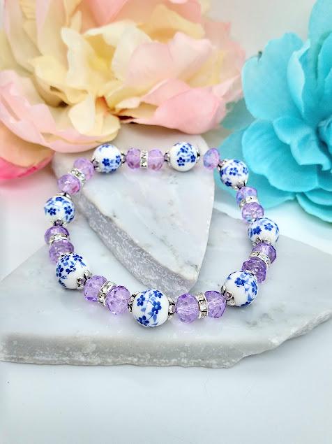 Handmade Blue Porcelain Flower Bracelet: Purple Crystal Beaded Jewelry