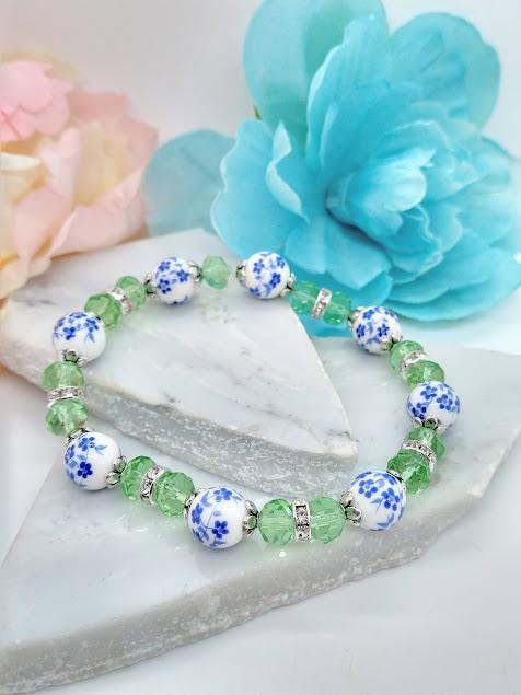 Blue Porcelain Flower Bracelet: Green Crystal Beaded Jewelry
