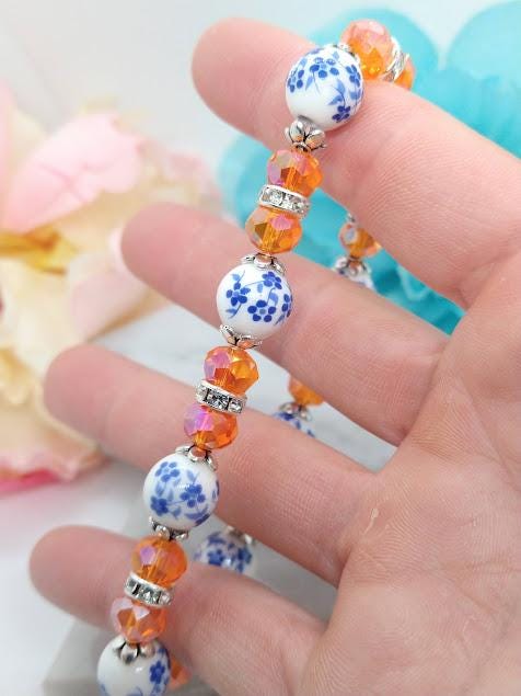 Blue Porcelain Flower Bracelet: Orange Crystal Floral Jewelry