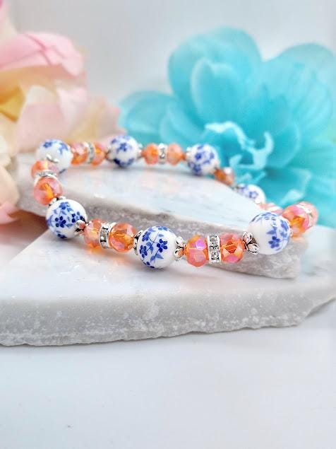 Blue Porcelain Flower Bracelet: Orange Crystal Floral Jewelry
