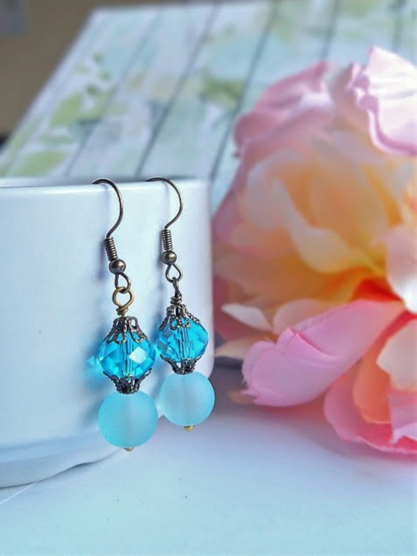 Blue Sea Glass Dangle Earrings: Brass Antique Style Drop Earrings