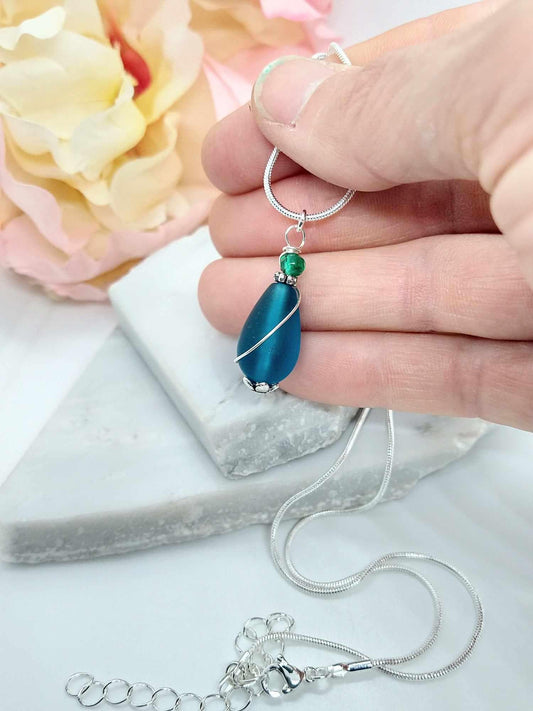Teal Blue Sea Glass Teardrop Pendant Necklace: Silver Chain