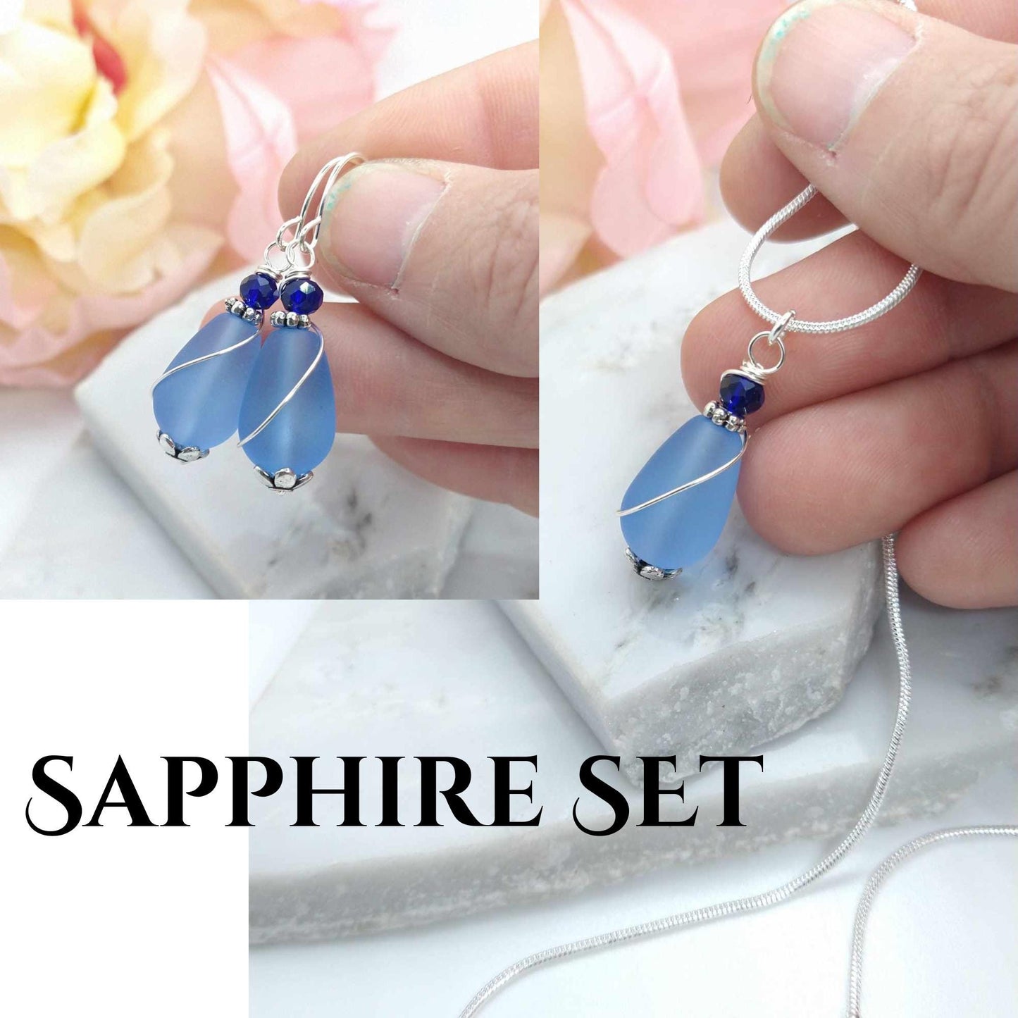 Sapphire Blue Sea Glass Teardrop Necklace: Silver Chain Pendant