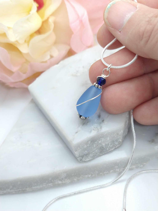 Sapphire Blue Sea Glass Teardrop Necklace: Silver Chain Pendant