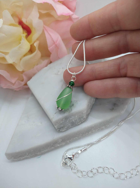 Green Sea Glass Teardrop Necklace: Silver Chain Pendant