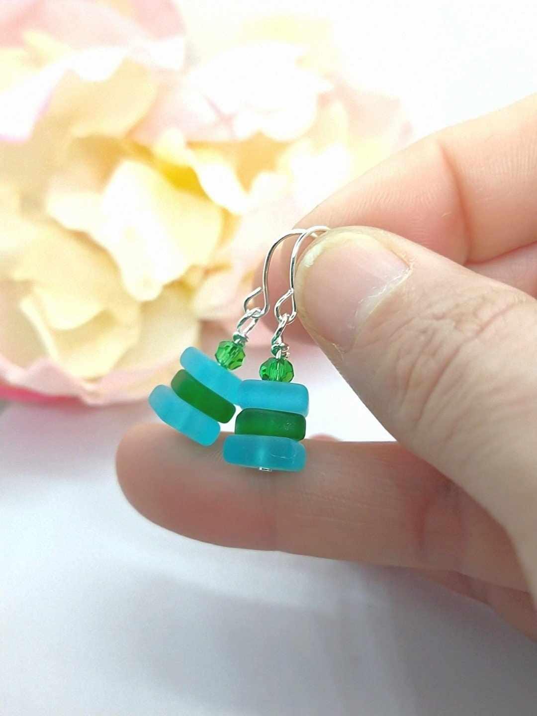 Blue Green Sea Glass Earrings: Sterling Silver Dangle Jewelry