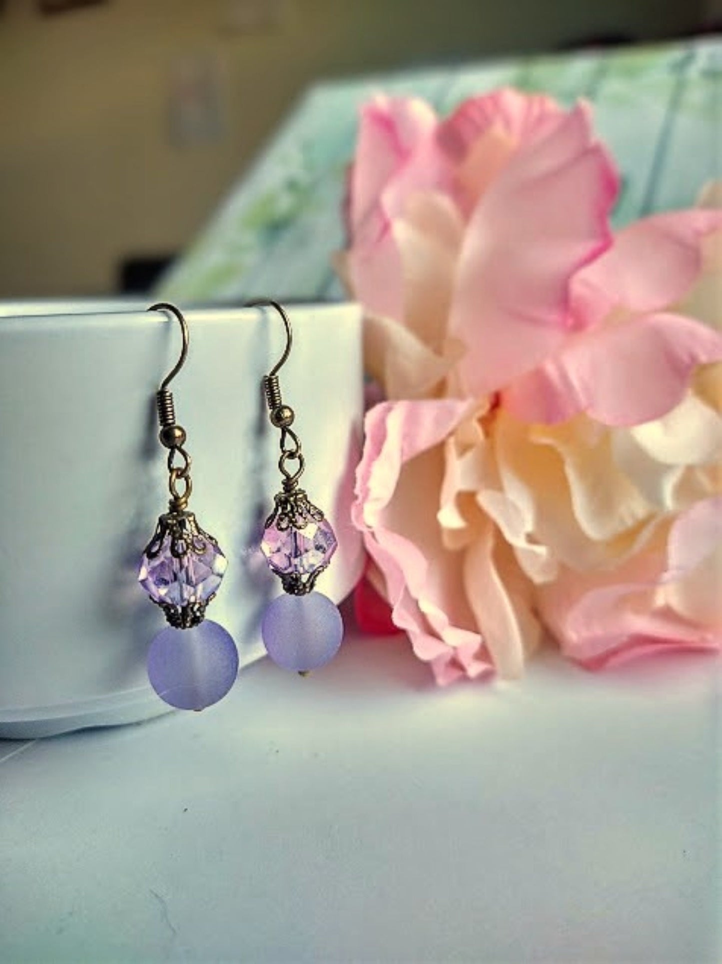 Purple Sea Glass Necklace: Dainty Brass Chain, Frosted Bead Pendant