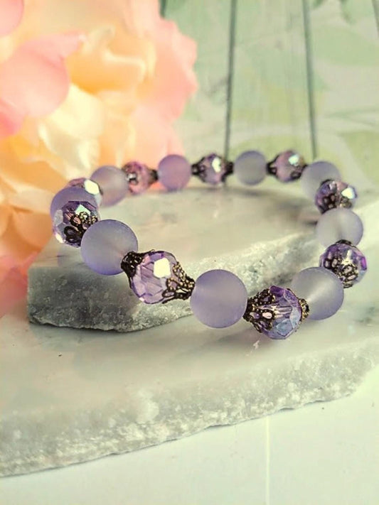 Purple Sea Glass Stretch Bracelet: Antique Brass Gemstone