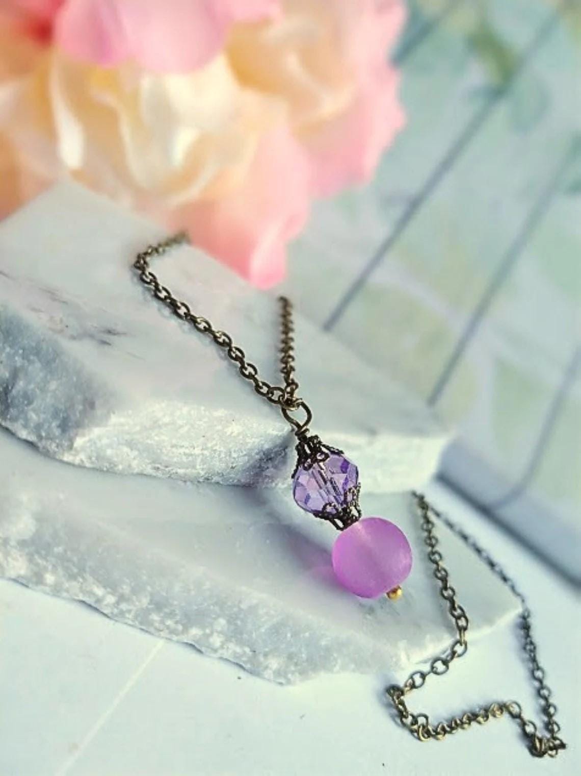 Purple Sea Glass Necklace: Dainty Brass Chain, Frosted Bead Pendant