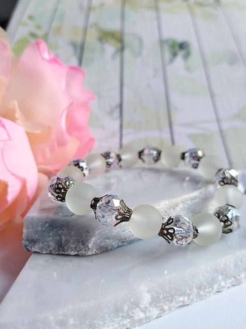 White Sea Glass Stretch Bracelet: Antique Brass Gemstone