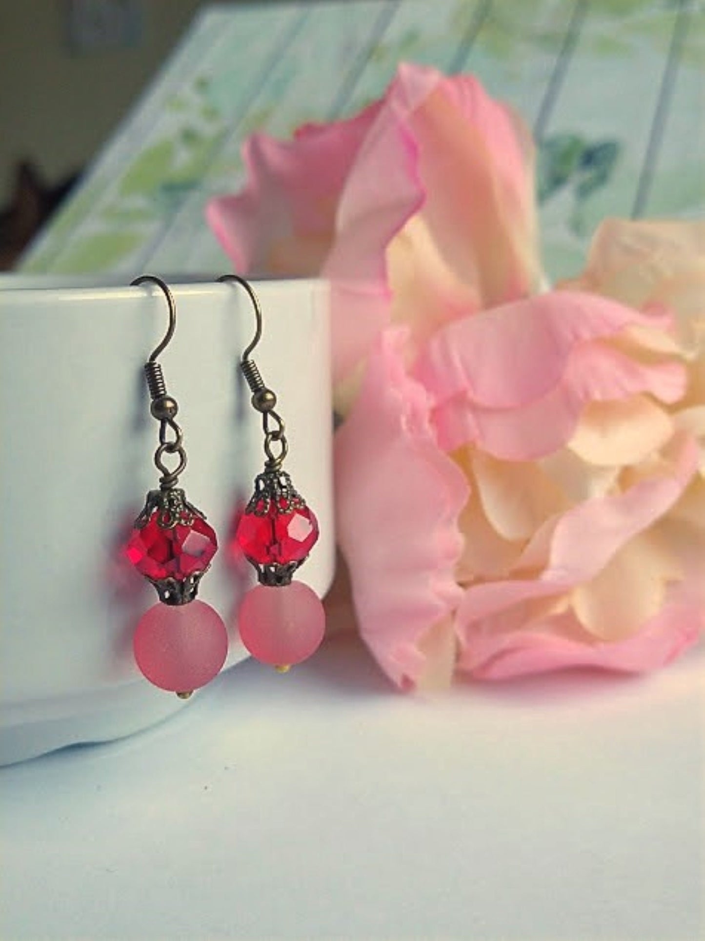 Red Sea Glass Dangle Earrings: Brass Bead Caps, Hypoallergenic Wires