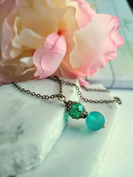 Teal Sea Glass Necklace: Brass Chain Pendant, Beaded Charm