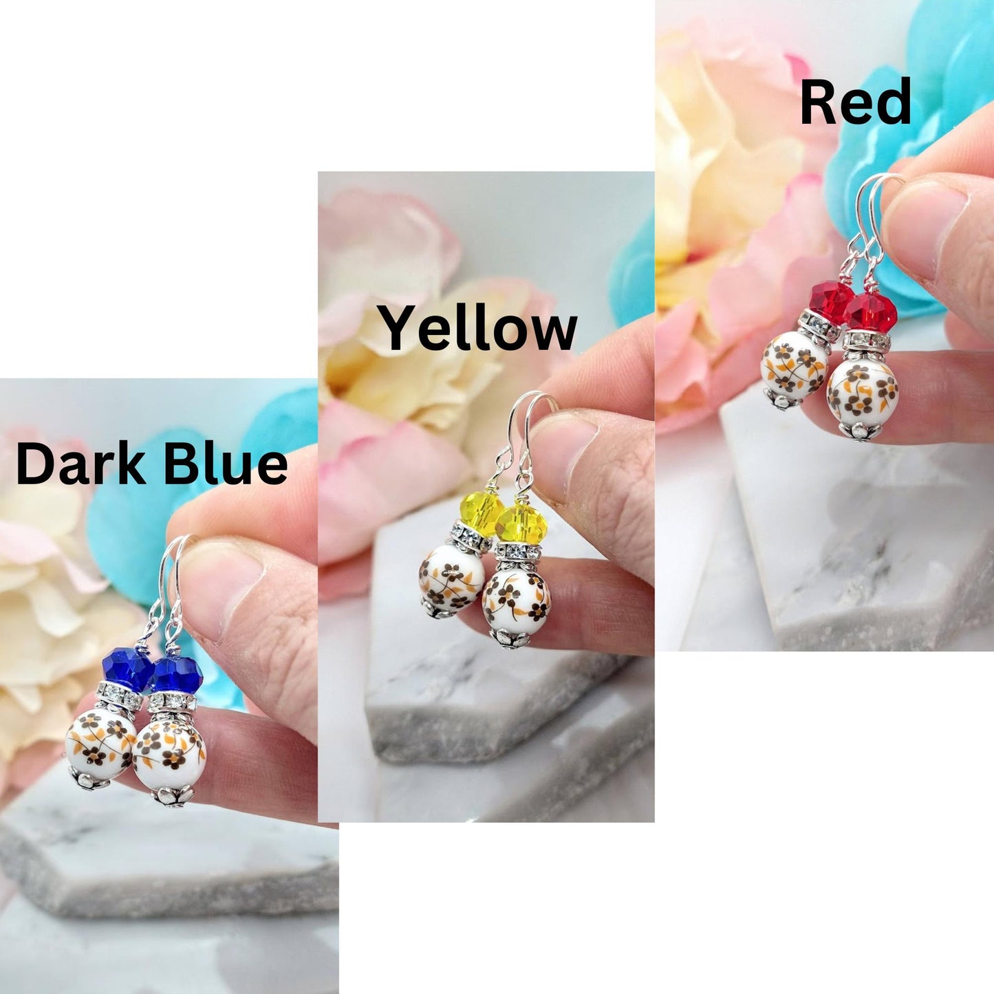 Porcelain Birth Flower Earrings: Sterling Silver Dangle Earrings