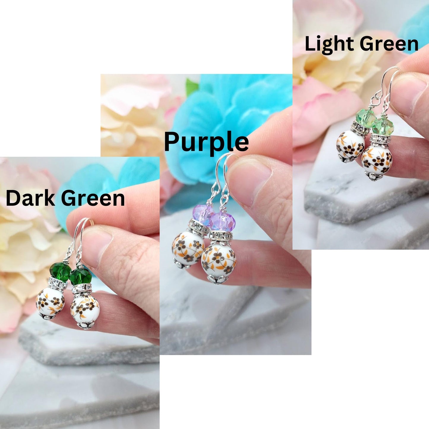 Porcelain Birth Flower Earrings: Sterling Silver Dangle Jewelry