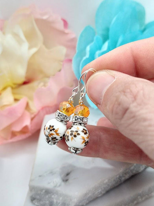 Porcelain Birth Flower Earrings: Sterling Silver Dangle Jewelry