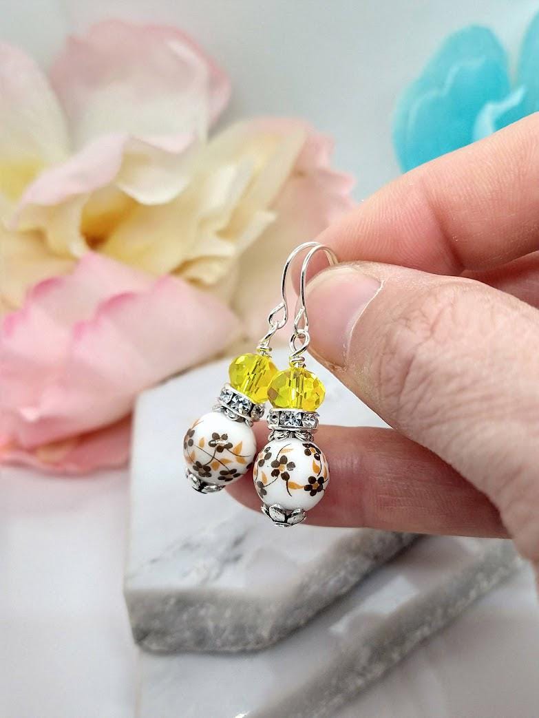 Birth Flower Earrings: Sterling Silver Floral Porcelain Dangle Earrings