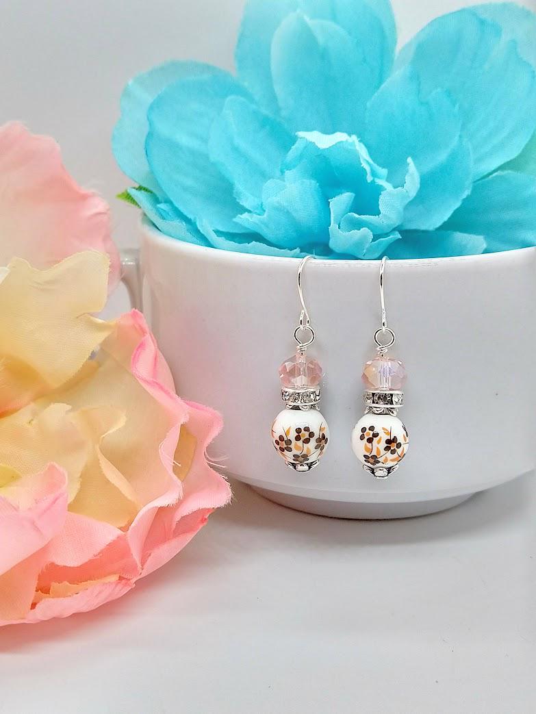 Birth Flower Earrings: Sterling Silver Floral Porcelain Dangle