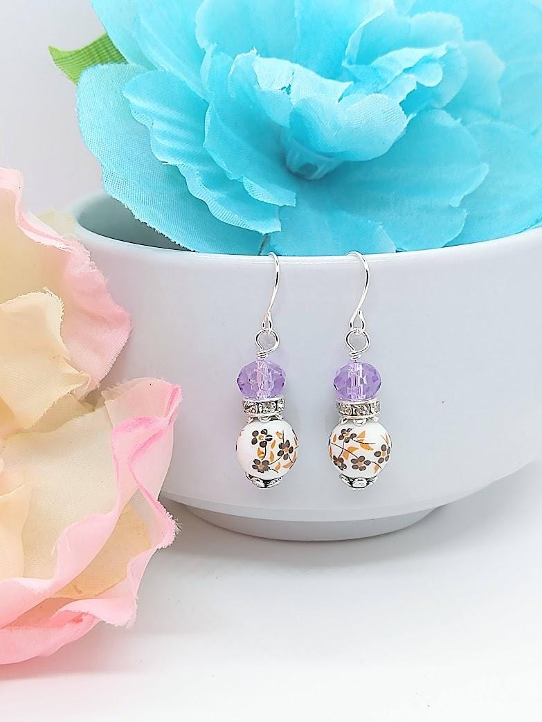 Birth Flower Earrings: Custom Porcelain Floral Dangle, Sterling Silver