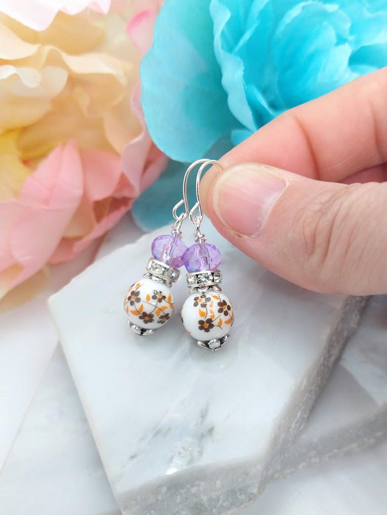 Birth Flower Earrings: Custom Porcelain Floral Dangle, Sterling Silver
