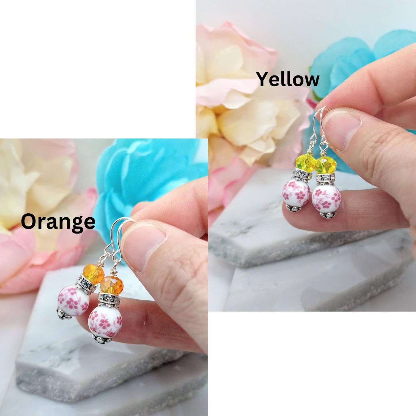 Pink Floral Bead Dangle Earrings: Green Crystal Accents, Spring Jewelry