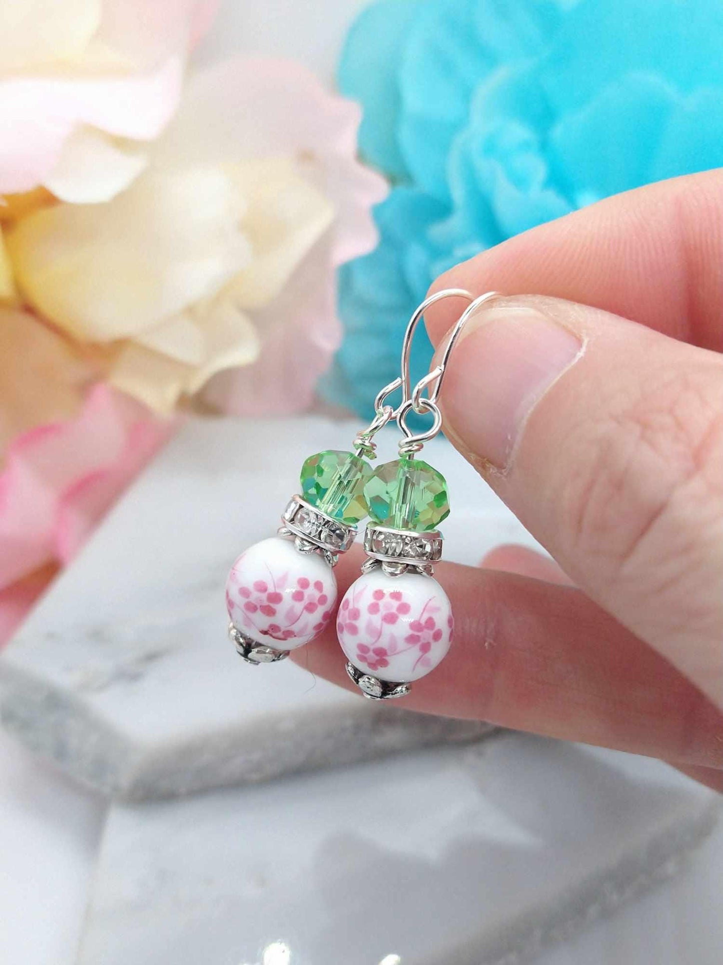 Pink Floral Bead Dangle Earrings: Green Crystal Accents, Spring Jewelry