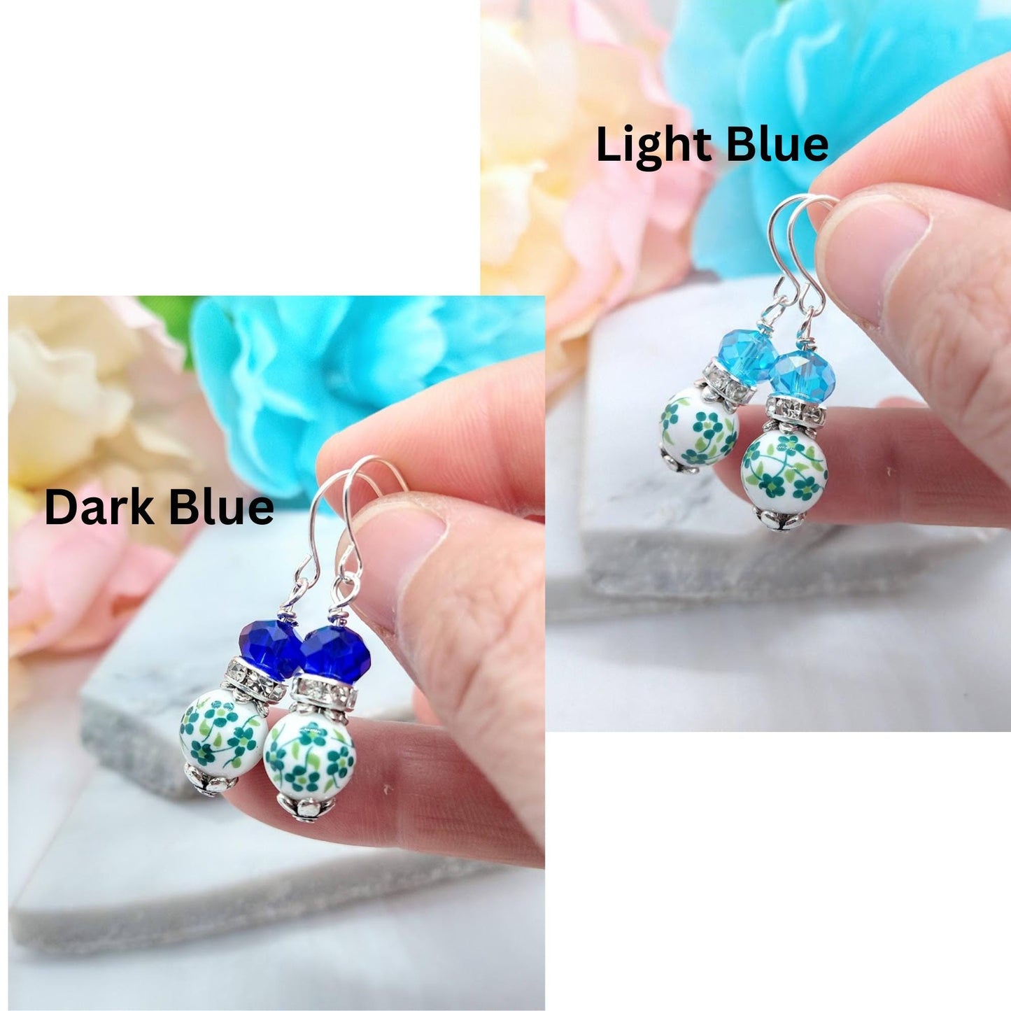 Green Porcelain Flower Earrings: Sterling Silver Floral Dangles