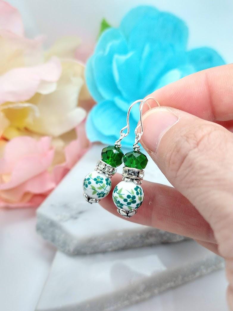 Green Porcelain Flower Earrings: Sterling Silver Floral Dangles