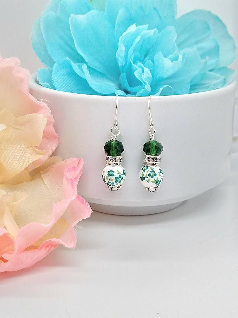 Green Porcelain Flower Earrings: Sterling Silver Floral Dangles