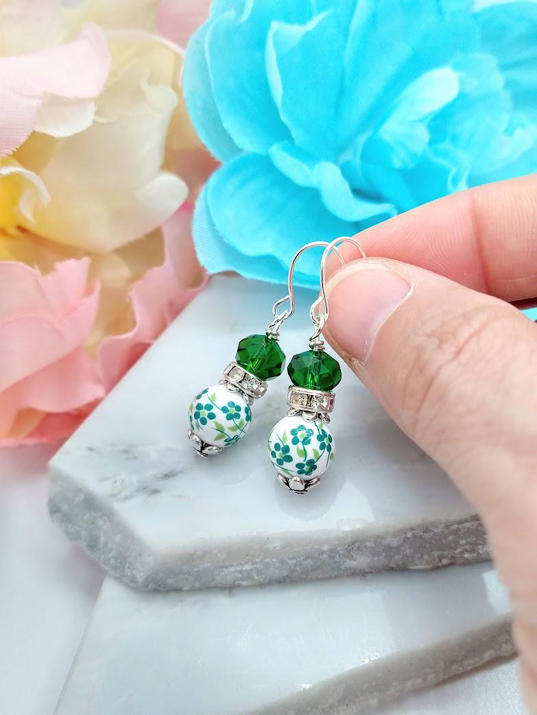 Green Porcelain Flower Earrings: Sterling Silver Floral Dangles