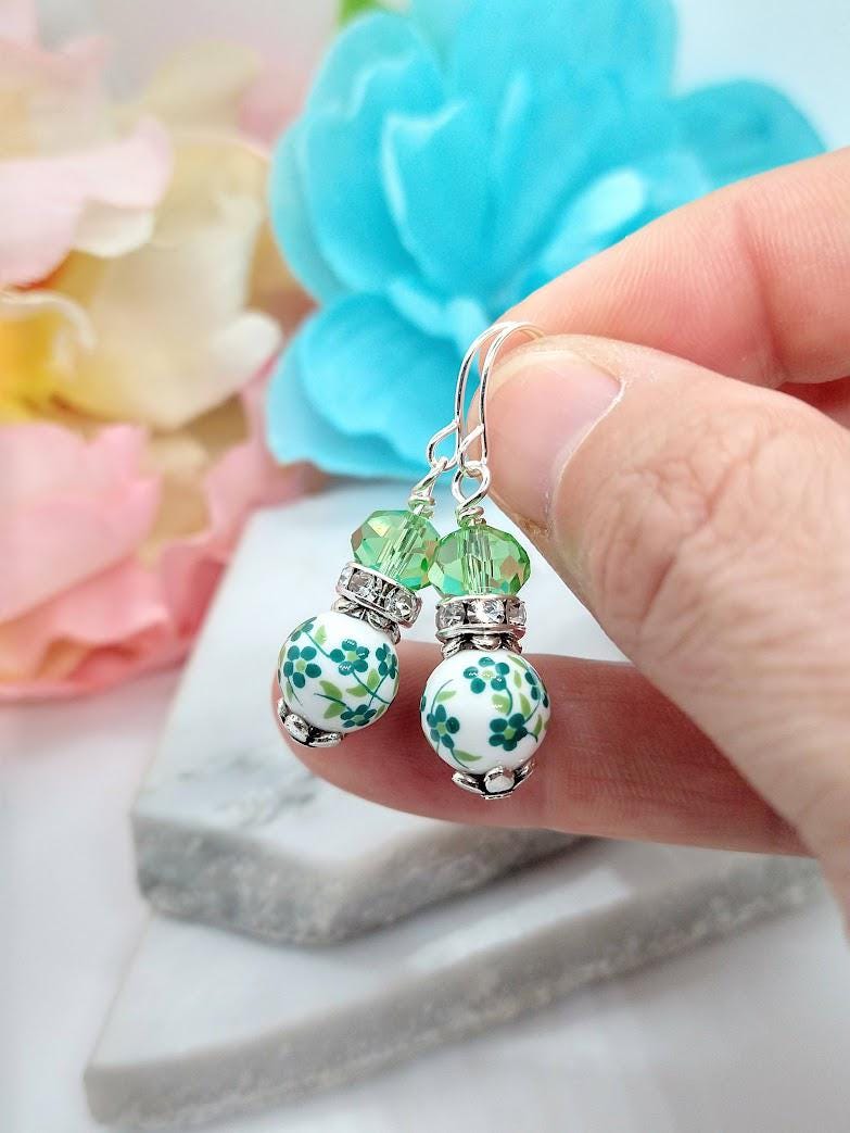 Porcelain Flower Earrings: Sterling Silver Floral Dangles