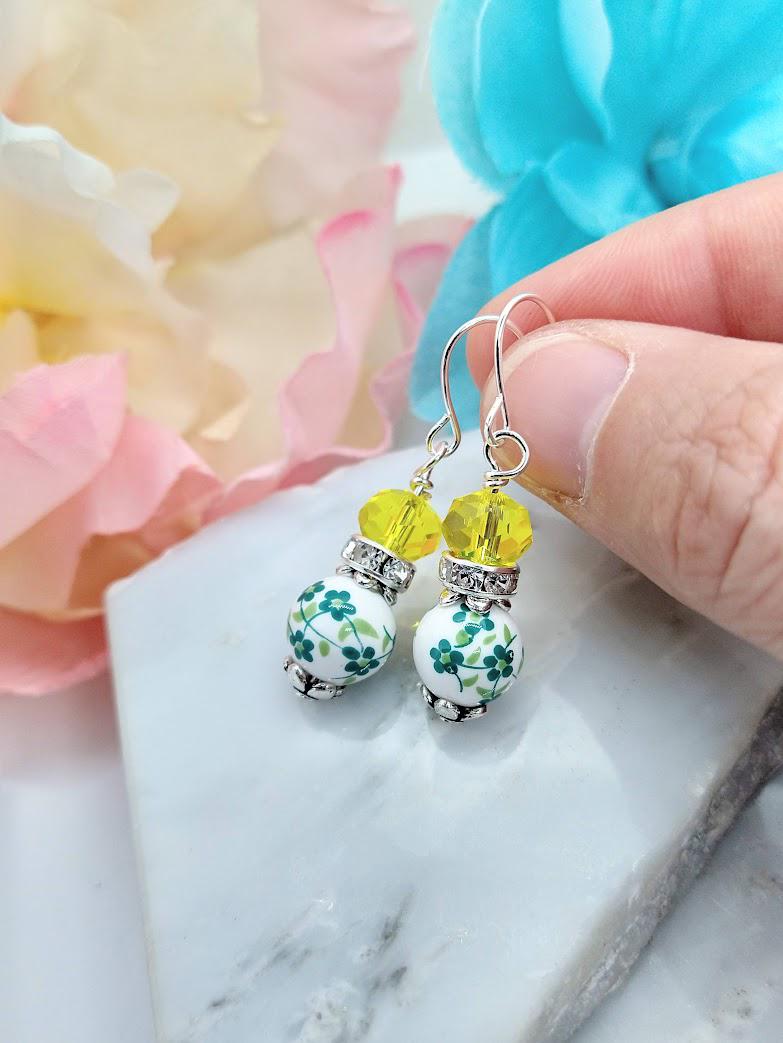 Green Ceramic Flower Earrings: Sterling Silver Dangle, Floral Gift