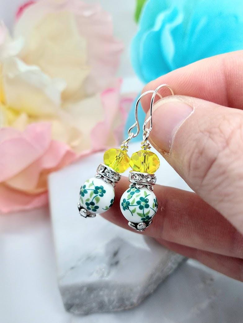 Green Ceramic Flower Earrings: Sterling Silver Dangle, Floral Gift
