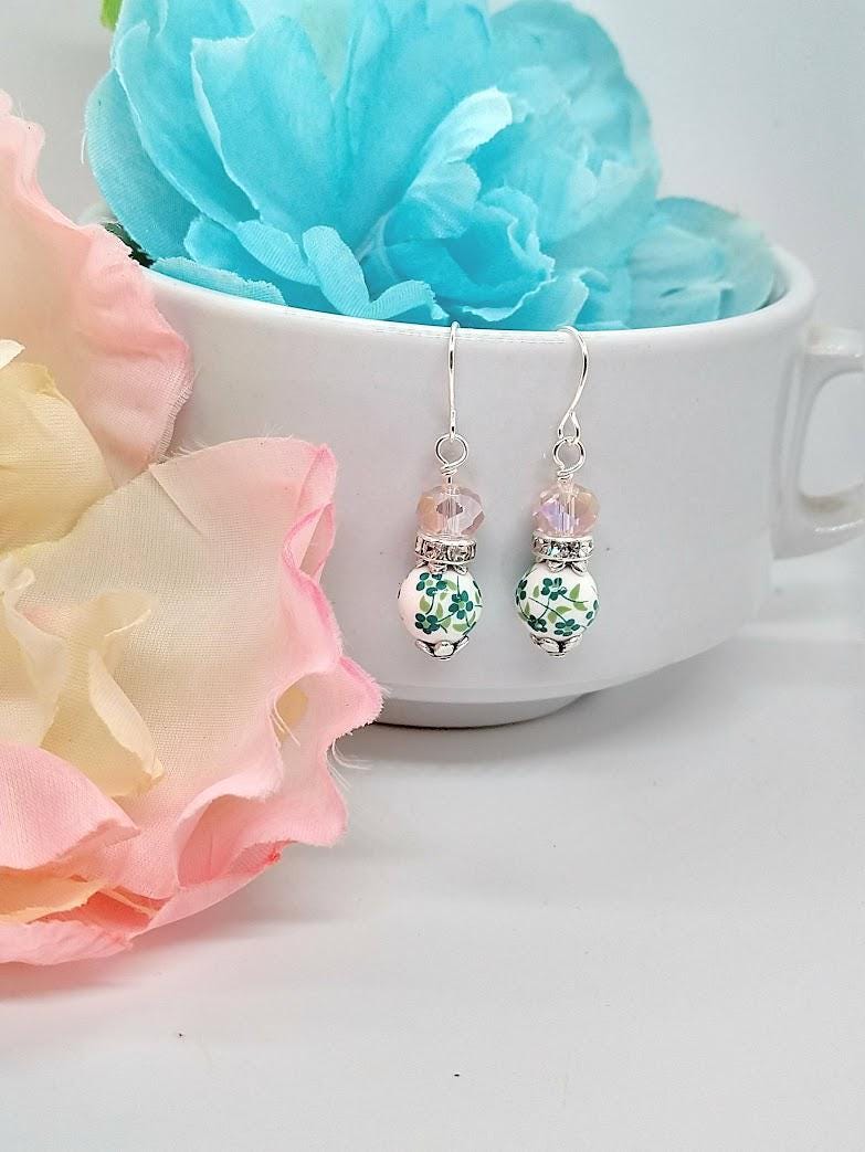 Green Floral Porcelain Earrings: Sterling Silver Flower Earrings