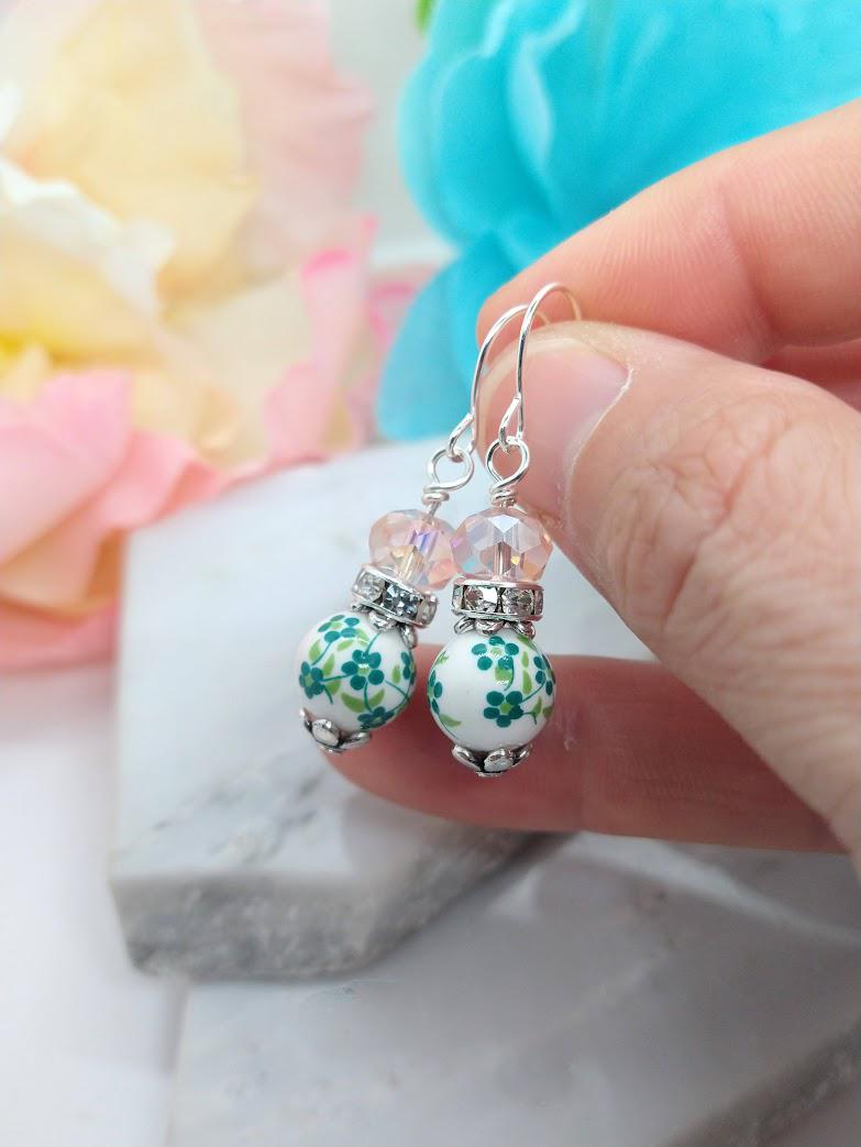 Green Floral Porcelain Earrings: Sterling Silver Flower Earrings
