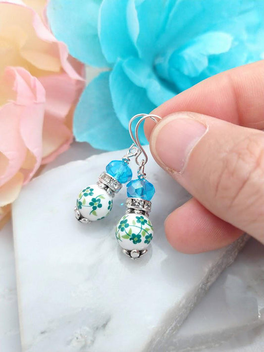 Sterling Silver Porcelain Flower Earrings: Spring Floral Dangles