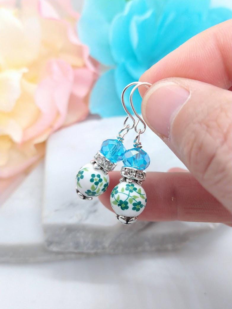 Sterling Silver Porcelain Flower Earrings: Spring Floral Dangles