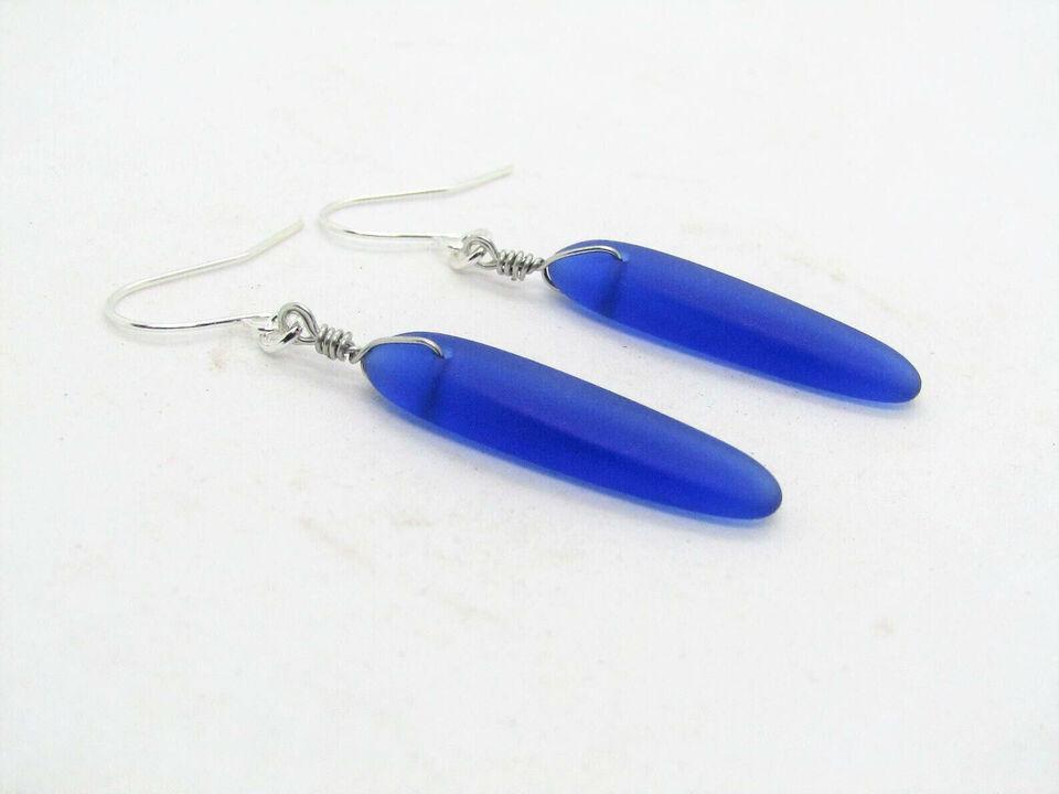 Long Cobalt Seaglass Earrings: Bohemian Silver Dangle Earrings