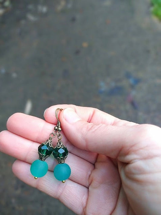 Teal Sea Glass Dangle Earrings: Brass Victorian Style